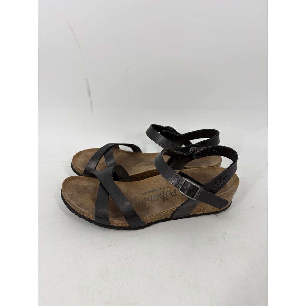 Birkenstock Papillo Alyssa 39 US 8 Black Leather Cork Wedge Ankle Strap Sandals